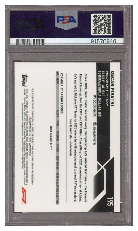 2023 TOPPS CHROME F1 PURPLE REFRACTOR #195 OSCAR PIASTRI 163/399 PSA 10