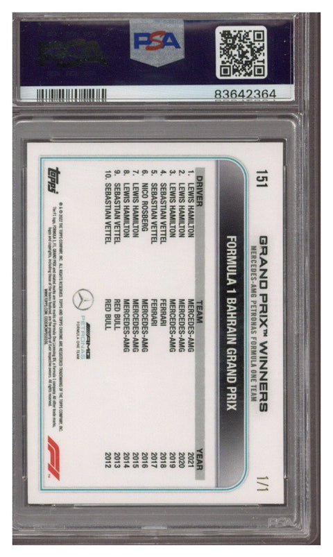 2022 Topps Chrome F1 Lewis Hamilton Black Raywave #1/1 #151 PSA 10
