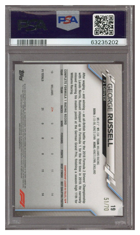 GEORGE RUSSELL PSA 9 2020 TOPPS CHROME F1 #19 SAPPHIRE 70TH REFRACTOR RC 51/70