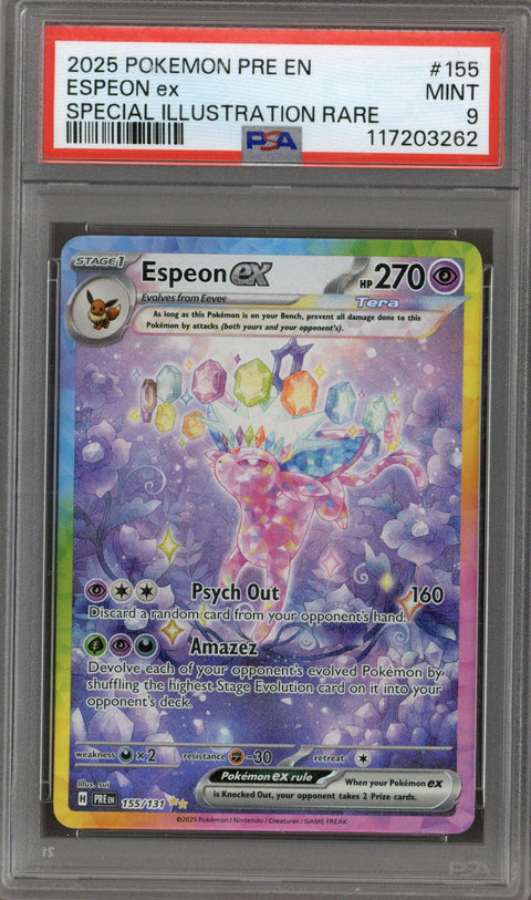 2025 Pokemon Prismatic Evolutions Espeon ex SIR PSA 9