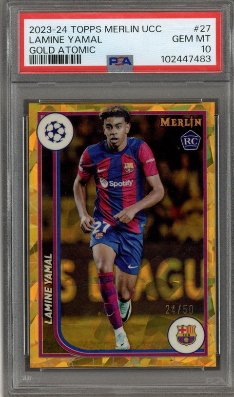 2023-24 Topps Merlin Chrome UCC Lamine Yamal #27 Gold Atomic RC 24/50 PSA 10