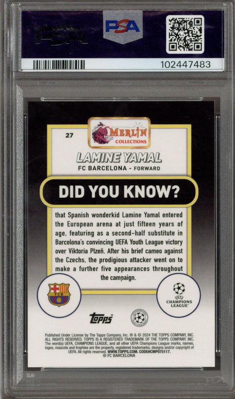 2023-24 Topps Merlin Chrome UCC Lamine Yamal #27 Gold Atomic RC 24/50 PSA 10