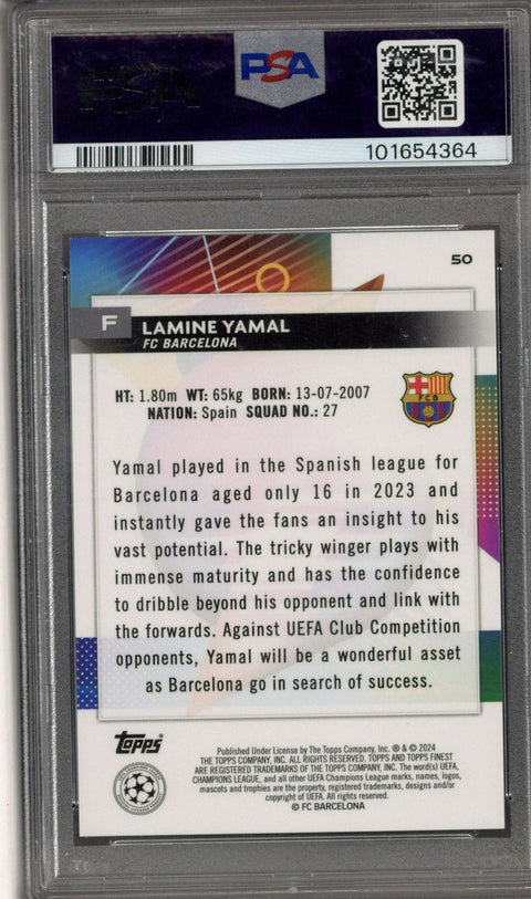 2023-24 Topps Finest UEFA Lamine Yamal RC Barcelona Sky Blue /275 PSA 10