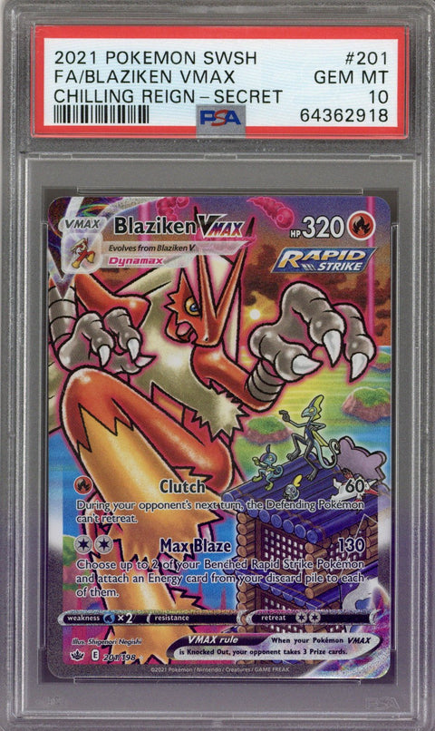 2021 Pokemon Chilling Reign Blaziken VMax Secret 201/198 PSA 10