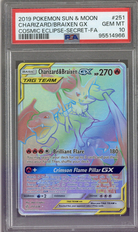2019 Pokemon Cosmic Eclipse Charizard & Braixen GX Tag Team Secret 251/236 PSA 10