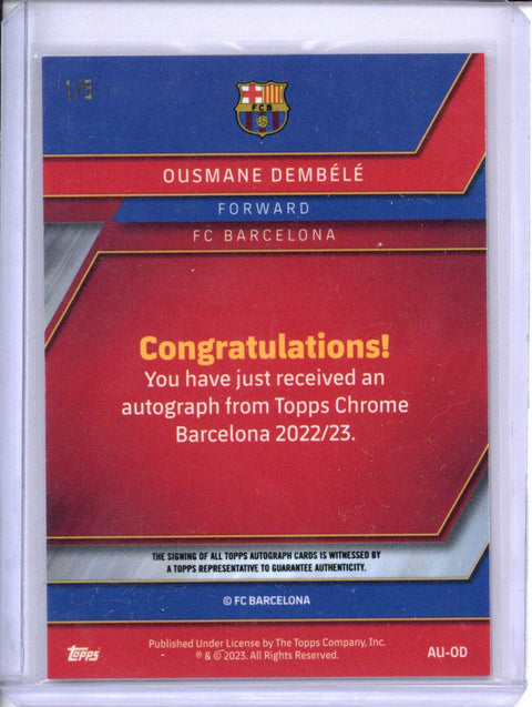 TOPPS CHROME FC BARCELONA TEAM SET 2022-23 OUSMANE DEMBELE 1/5 AUTO RED X-FRACTOR