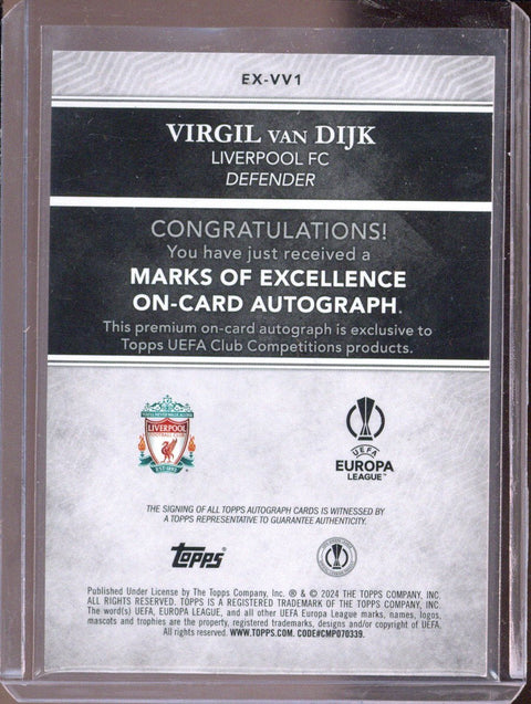 2023-24 Topps UEFA EX-VV1 Virgil Van Dijk Marks of Excellence Auto 73/199