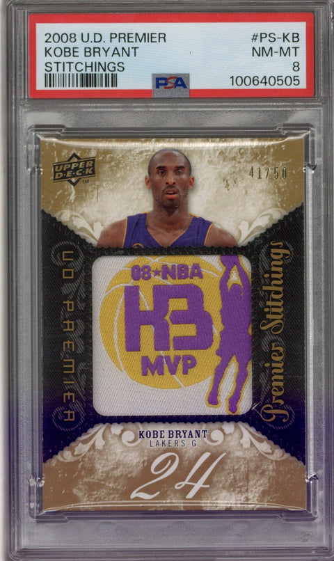 2008 UD Premier Kobe Bryant Stitchings /50 PSA 8