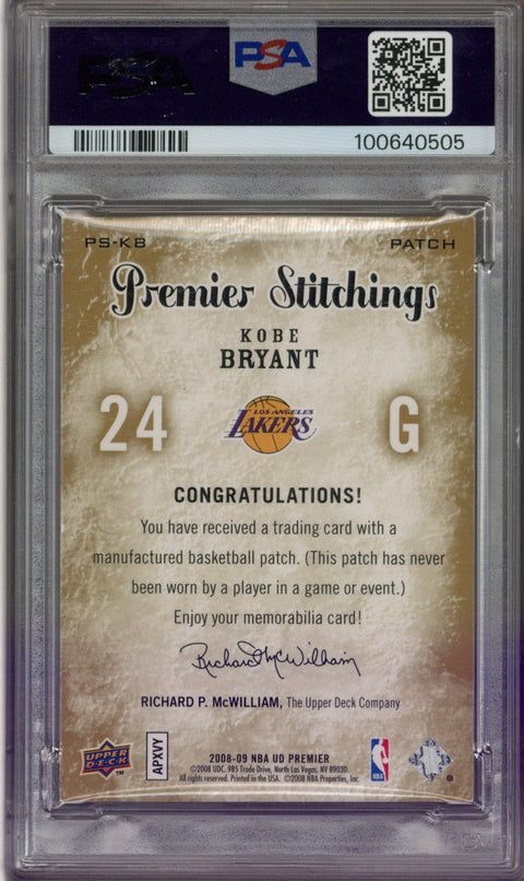 2008 UD Premier Kobe Bryant Stitchings /50 PSA 8