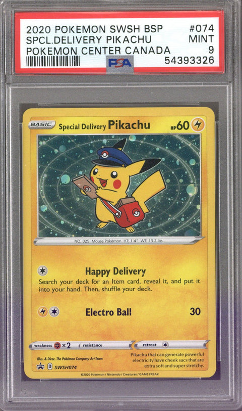 2020 Pokemon SWSH BSP SPCL. Delivery Pikachu Pokemon Center Canada #074 PSA 9