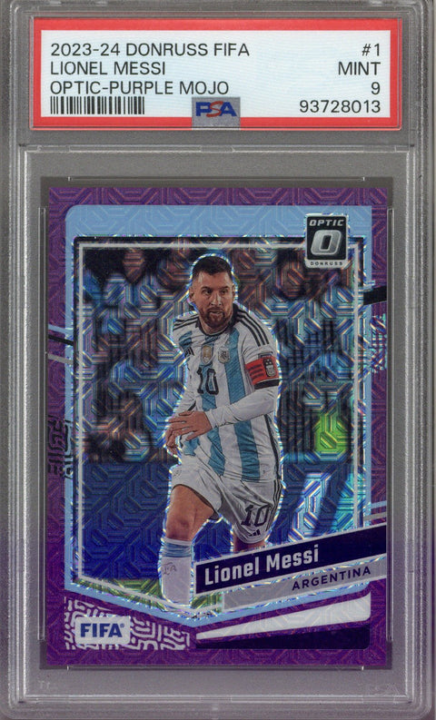 2023/24 Panini Donruss Fifa Lionel Messi Optic-Purple Mojo /25 #1 PSA 9