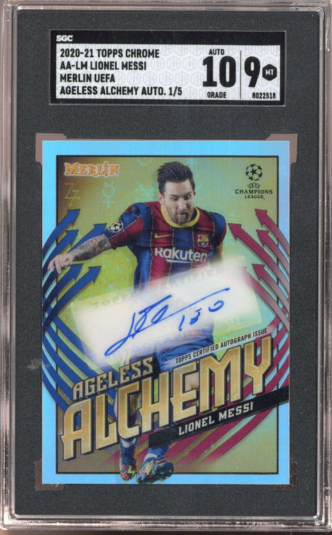2020-21 Topps Merlin Chrome Lionel Messi Ageless Alchemy Auto 1/5 SGC 9