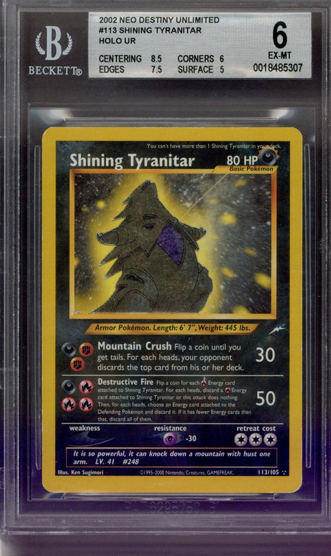 2002 Pokemon Neo Destiny Unlimited Shining Tyranitar Holo 113/105 BGS 6