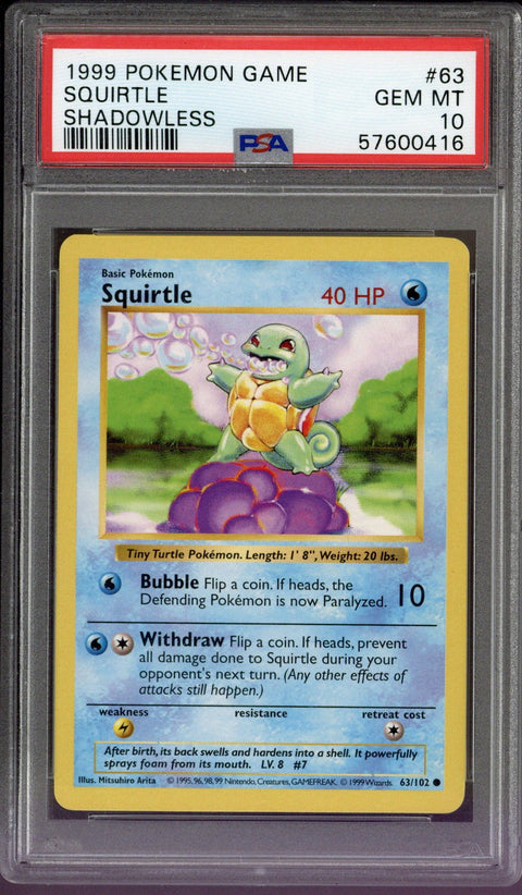 1999 Pokemon Game Squirtle Shadowless #63 PSA 10