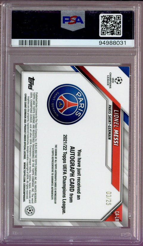 2021-22 Topps Chrome UCL Lionel Messi Chrome Auto Orange Refractor 3/25 PSA 9