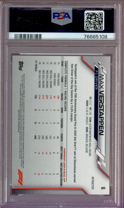 2020 Topps Chrome F1 Refractor Max Verstappen PSA 10 RC