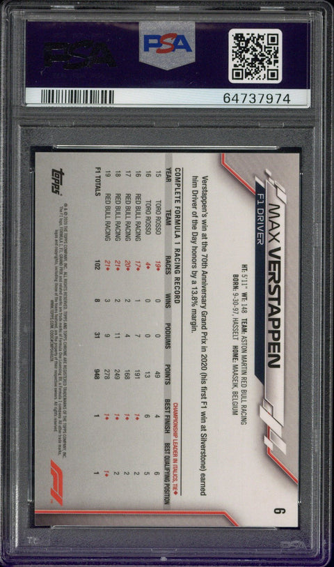 2020 TOPPS CHROME FORMULA 1 #6 MAX VERSTAPPEN PSA 10