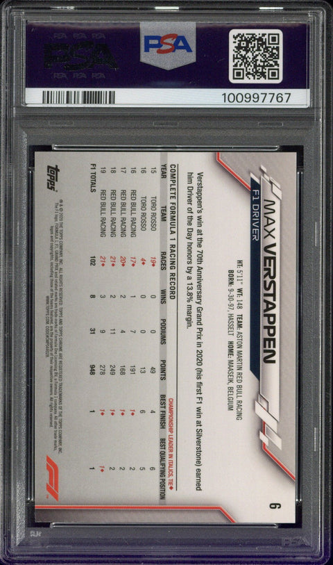 2020 Topps Chrome F1 Max Verstappen #6 PSA 10