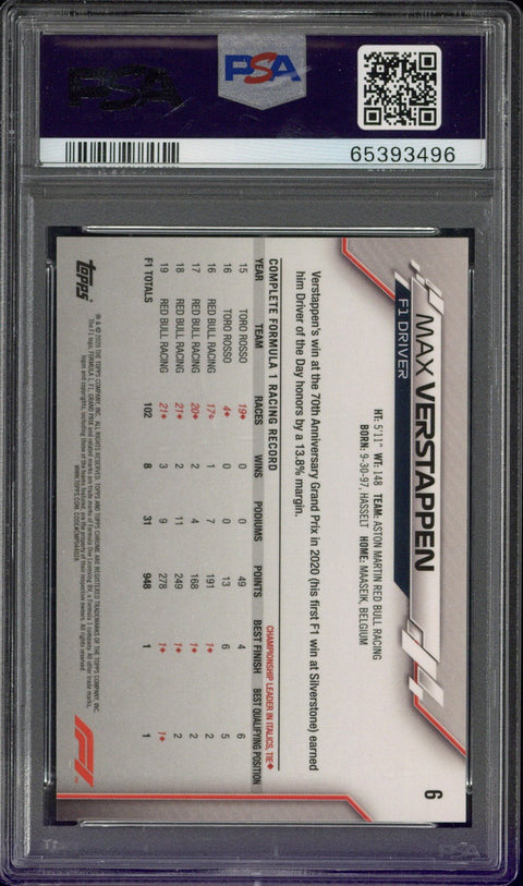 2020 Topps Chrome F1 Racers Max Verstappen #6 (RC) PSA 10