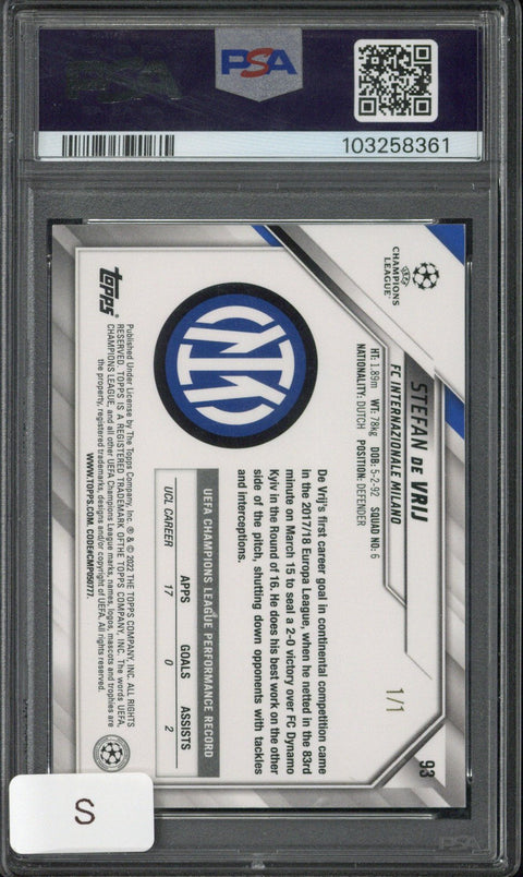 2021-22 Topps UCL Stefan De Vrij Foilfractor 1/1 #93 PSA 8