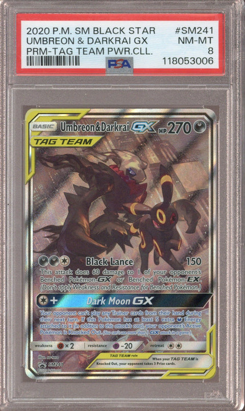 2020 P.M. SM Black Star Umbreon & Darkrai GX PRM-Tag Team #SM241 PSA 8 - EU