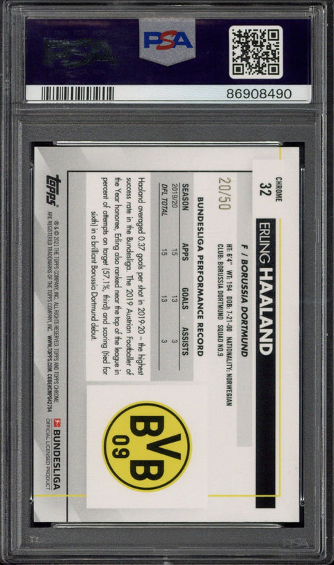 2020-21 Topps Chrome Bundesliga Erling Haaland Gold Wave Refractor /50 #32 PSA 10