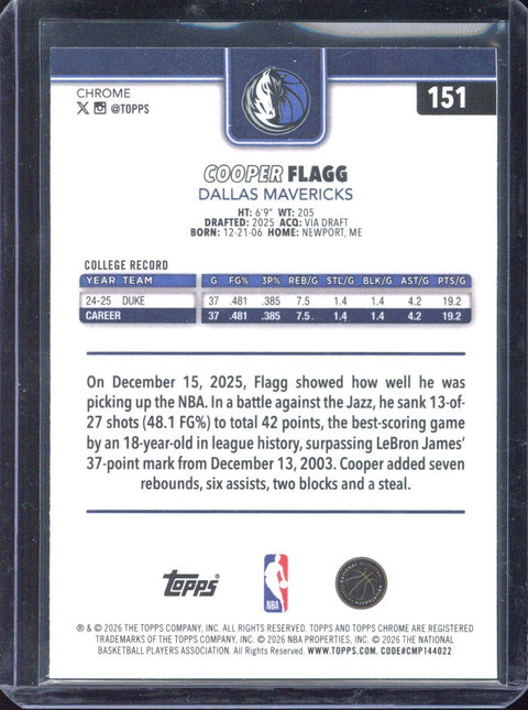 2025-26 Topps Chrome Update Cooper Flagg RC Speckle Refractor #151