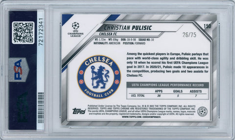 2021/22 Topps Soccer Chrome UCL #150 Christian Pulisic Blue & Gold Starball Refractor 26/75 PSA 10