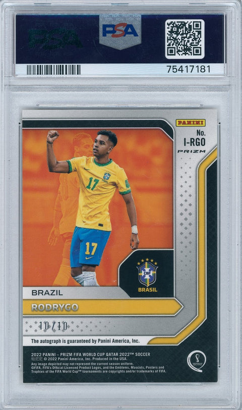 2022 Panini Soccer Prizm World Cup Qatar #IRGO Rodrygo International Ink 10/10 Auto PSA 9