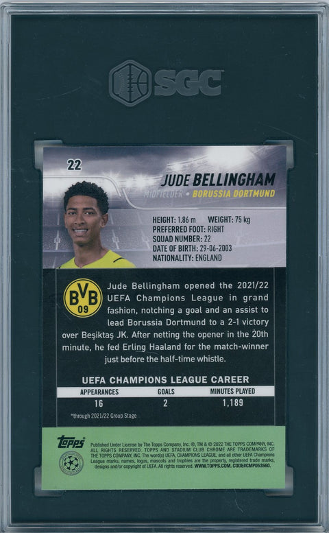2021/22 Topps Stadium Club Chrome UCL #22 Jude Bellingham Pink/Red Refractor SGC 8