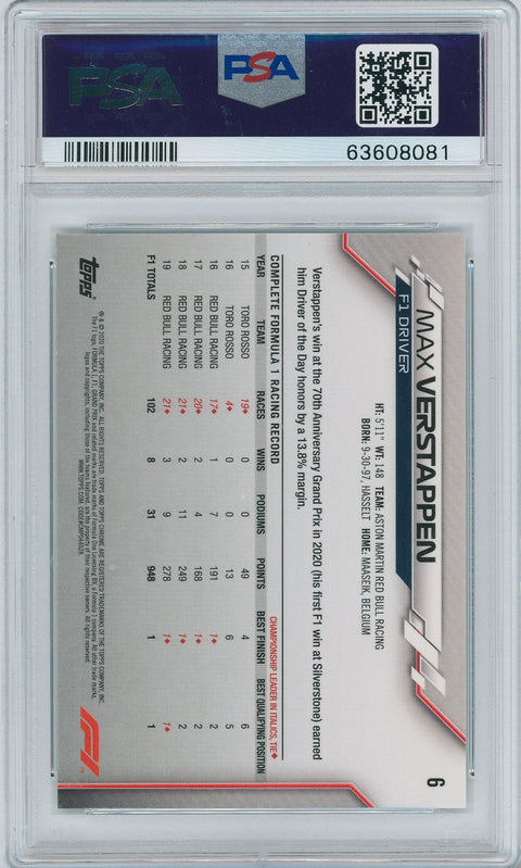 2020 Topps Formula 1 Chrome # 6 Max Verstappen PSA 10