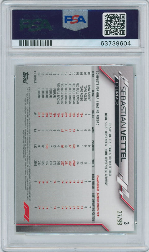 2020 Topps Formula 1 Chrome #3 Sebastian Vettel 37/99 Sapphire ED-Aqua PSA 9