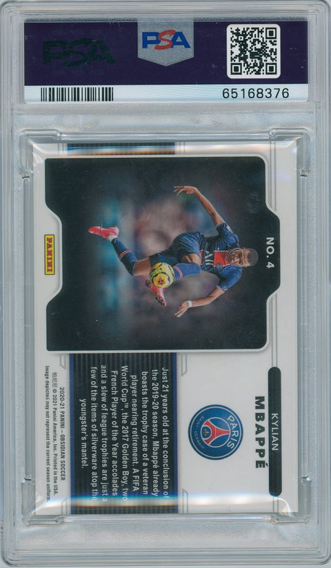 2020/21 Panini Soccer Obsidian # 4 Kylian Mbappe Black Colorblast PSA 9