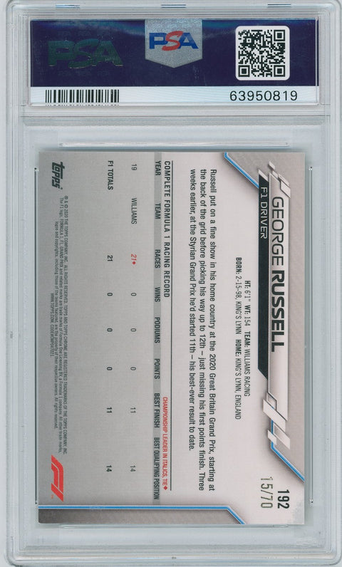 2020 Topps Formula 1 Chrome # 192 George Russel Sapphire ED 70th Anvr. PSA 8