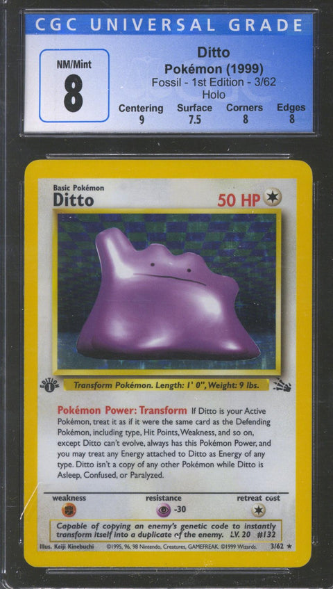 1999 Pokemon Fossil 1st Edition #3 Ditto Holo CGC 8