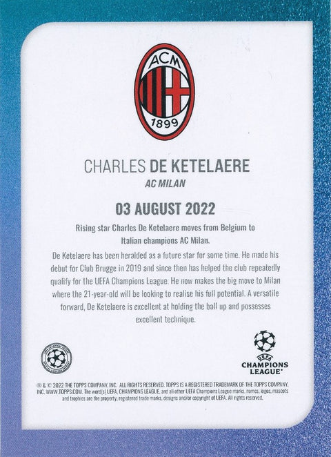 2022/23 Topps Soccer Summer Signings Charles de Ketelaere Blue 07/49 Rising Star