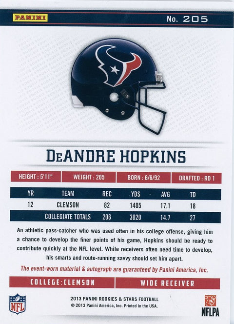 2013 Panini Football Rookies & Stars #205 DeAndre Hopkins Auto Patch 1/1