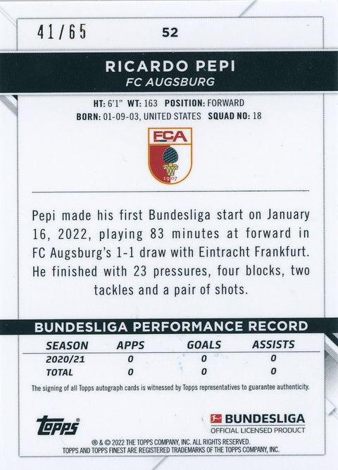 2021/22 Topps Soccer Bundesliga Finest #52 Ricardo Pepi Auto 41/65