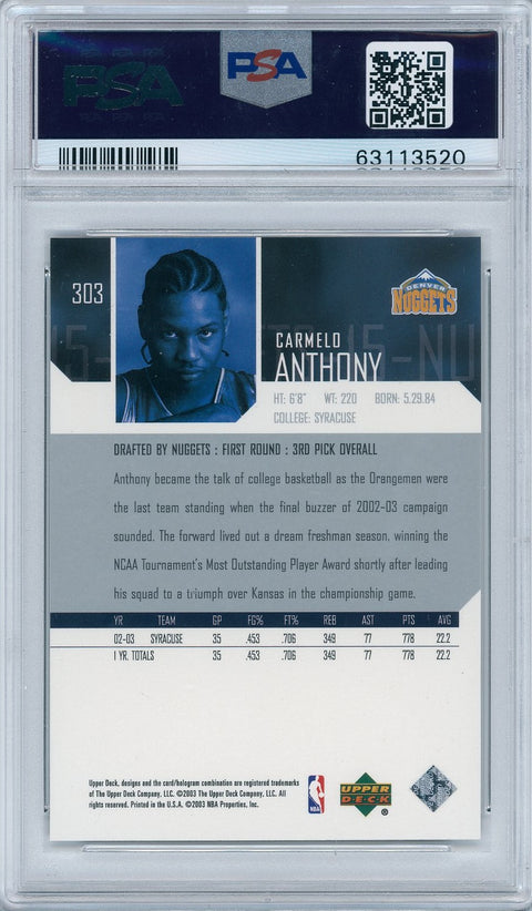 2003 Upper Deck Basketball #303 Carmelo Anthony PSA 9